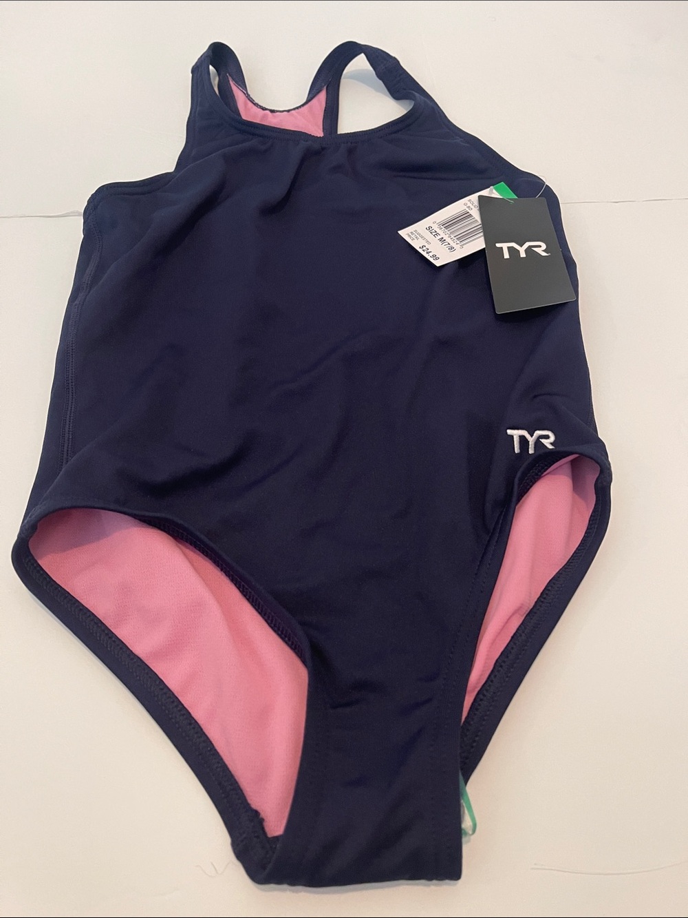 New! Kids TYR Navy One-Piece Swimsuit with Pink Lining